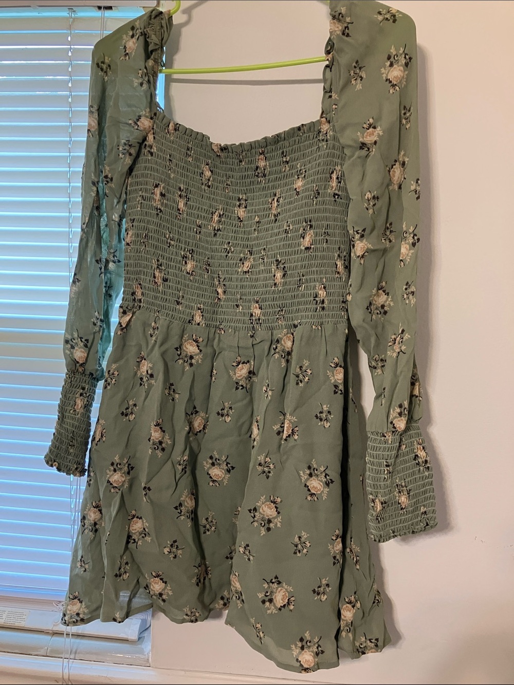 Reformation Kelli Dress Sage Green Floral Smocked Long-Sleeve